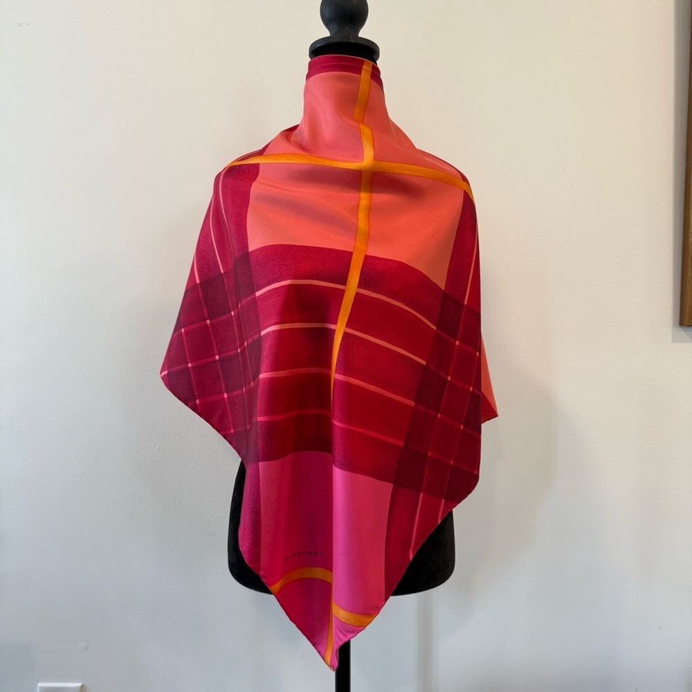 Authentic Burberry Pink And Red Scarf With Gold Accents 34x34”